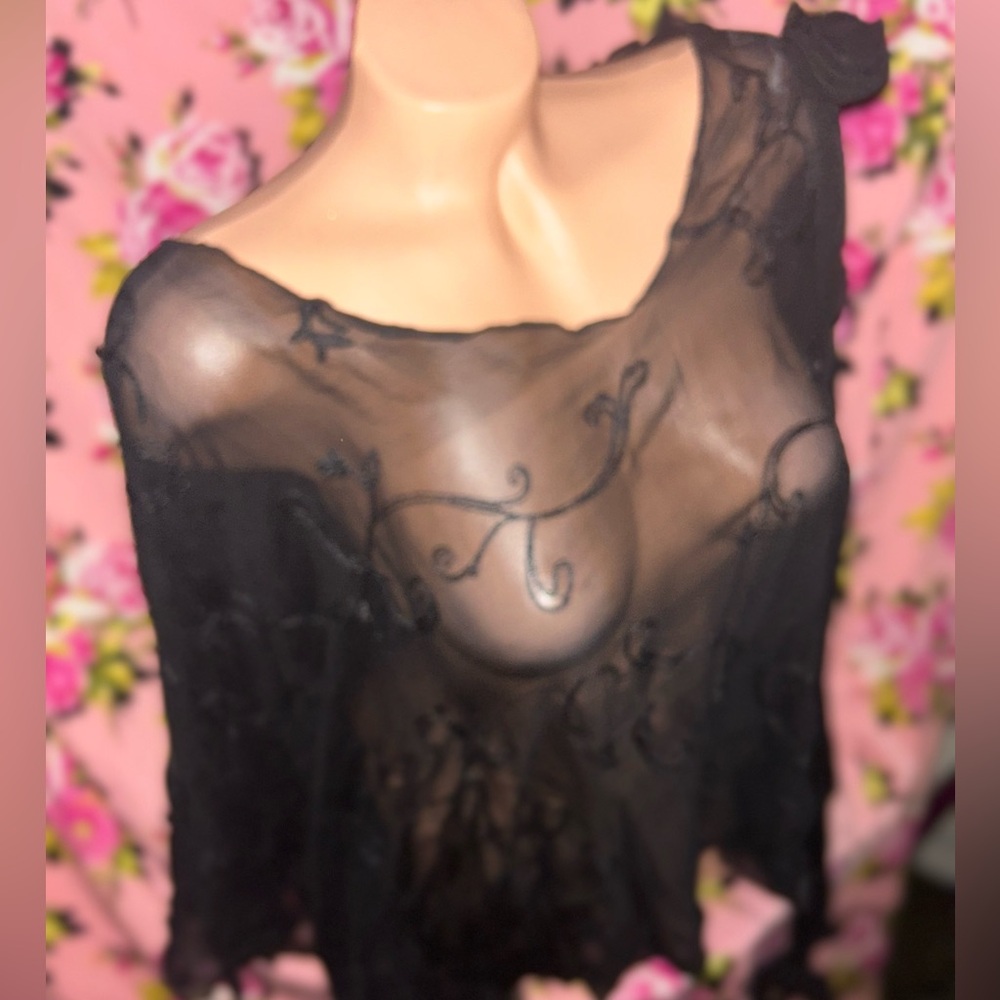 Vintage Black 💯% silk poncho cape wrap poncho bow  accents rose embroidered 1 xl - Picture 3 of 11